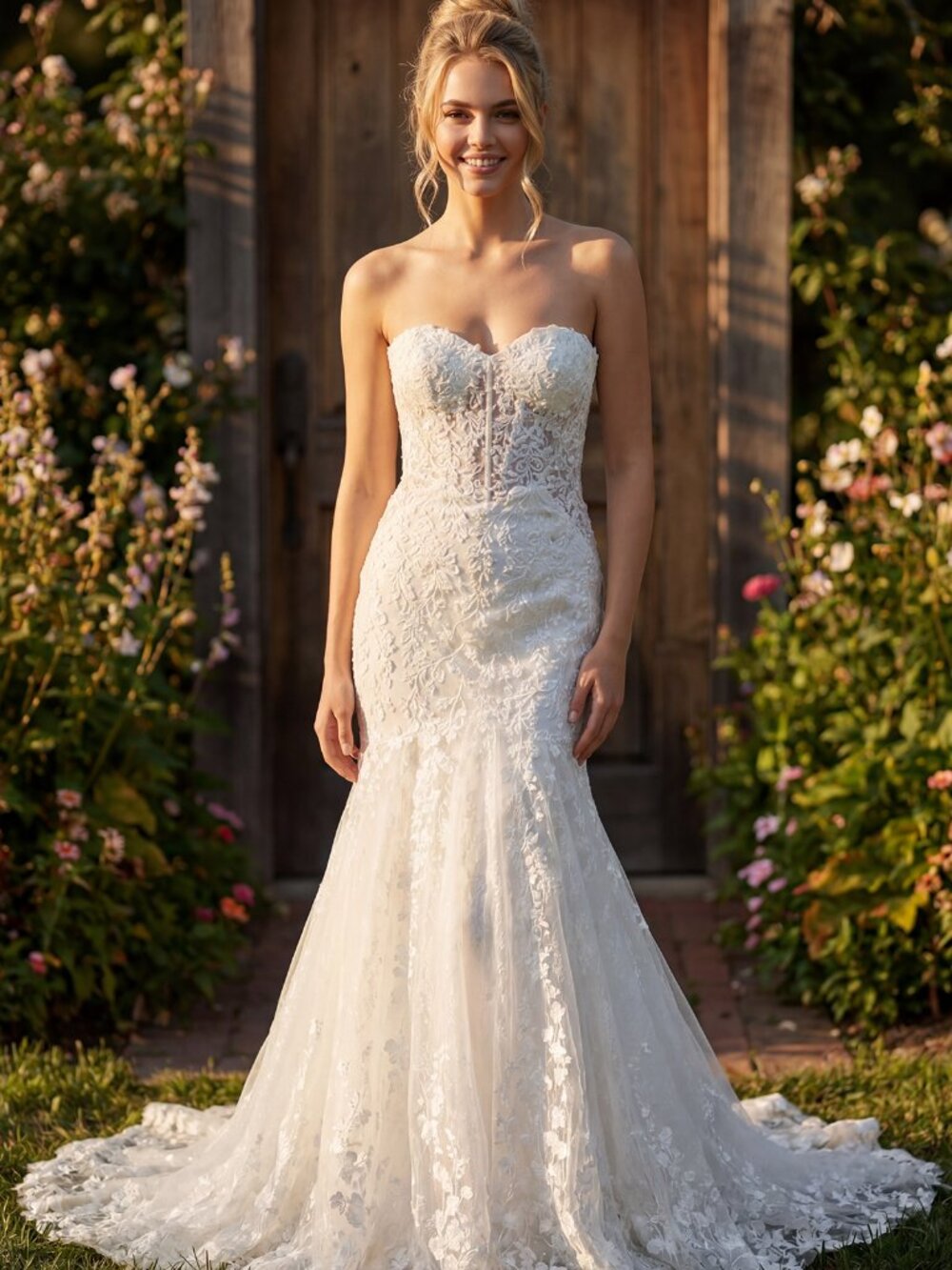 New Off White Long Wedding Gown w/ Mermaid Cut & Floral Motif JT2666SW